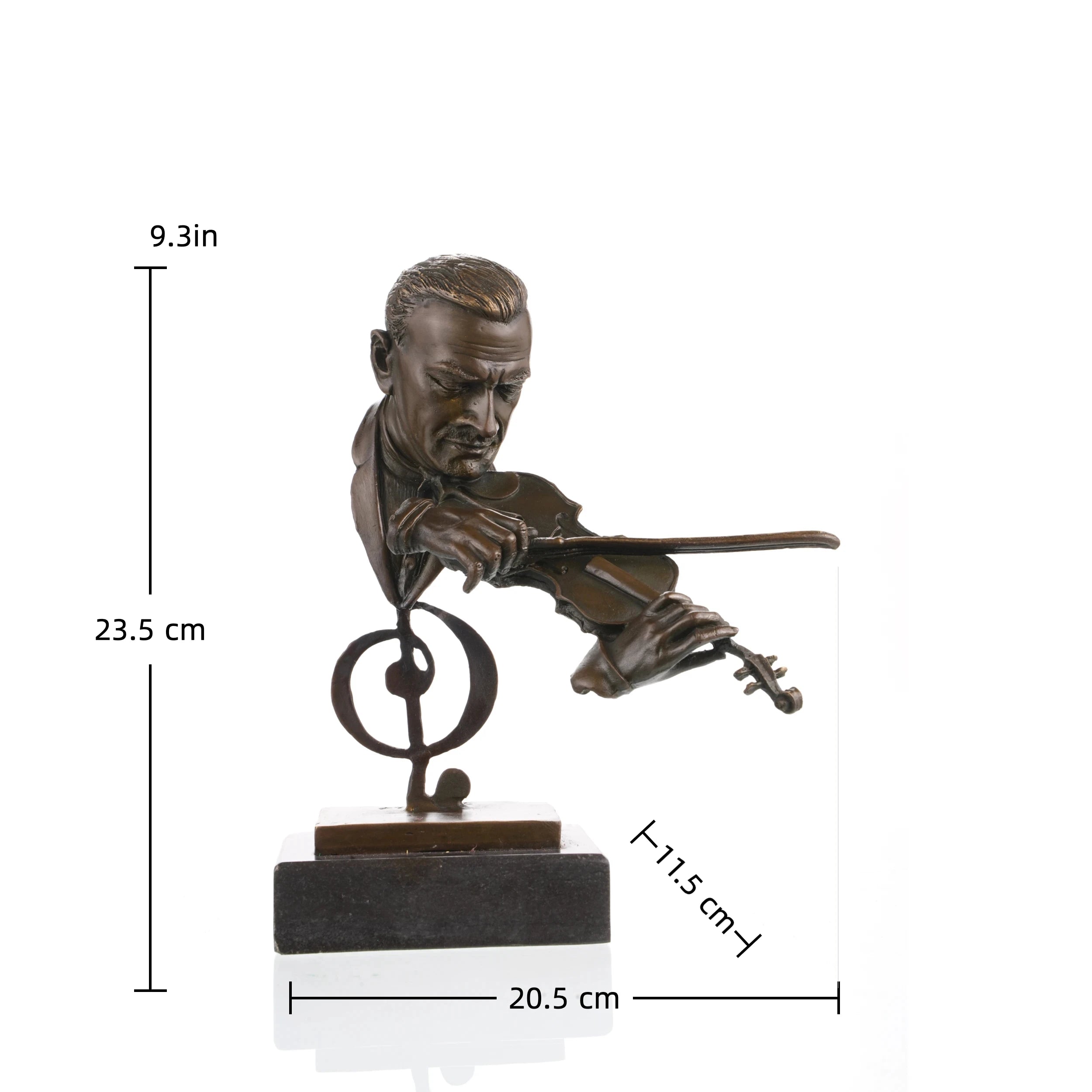 Modern bronze violinist sculpture with treble clef, classical musician bust on black marble base, luxury music room art.