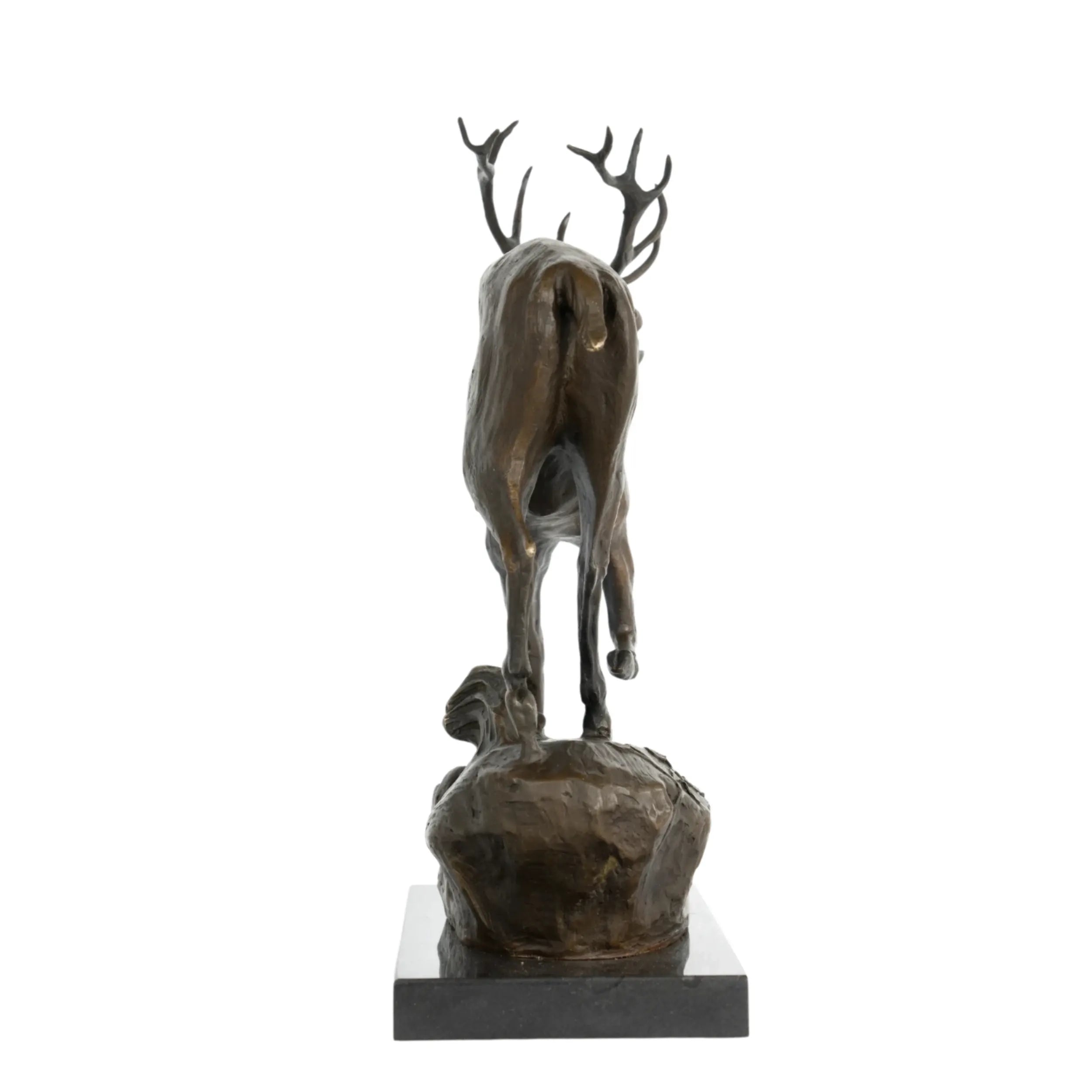 Back view of bugling bronze stag statue showing detailed body texture and branching antlers