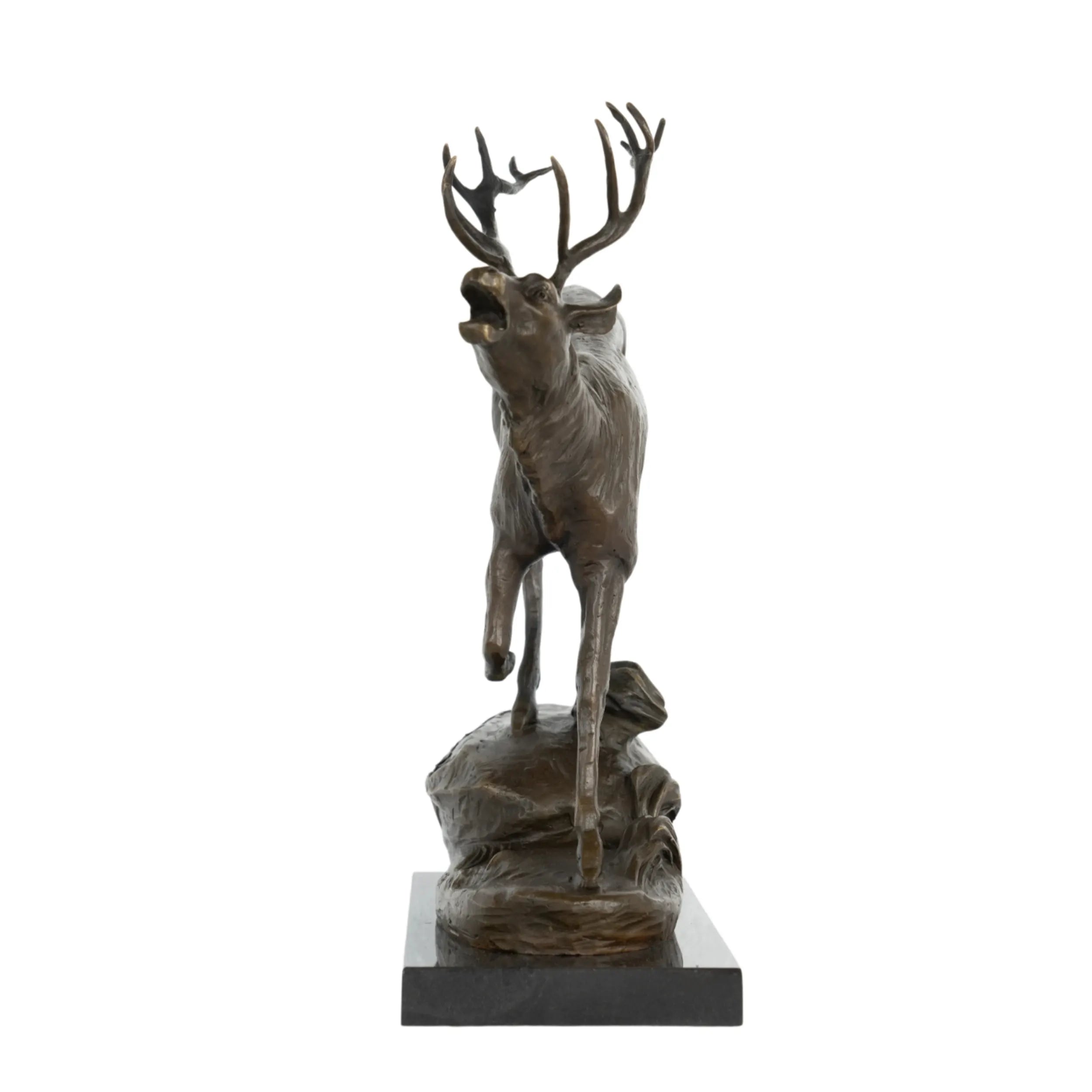 Front view of handcrafted bugling bronze stag sculpture with large branching antlers