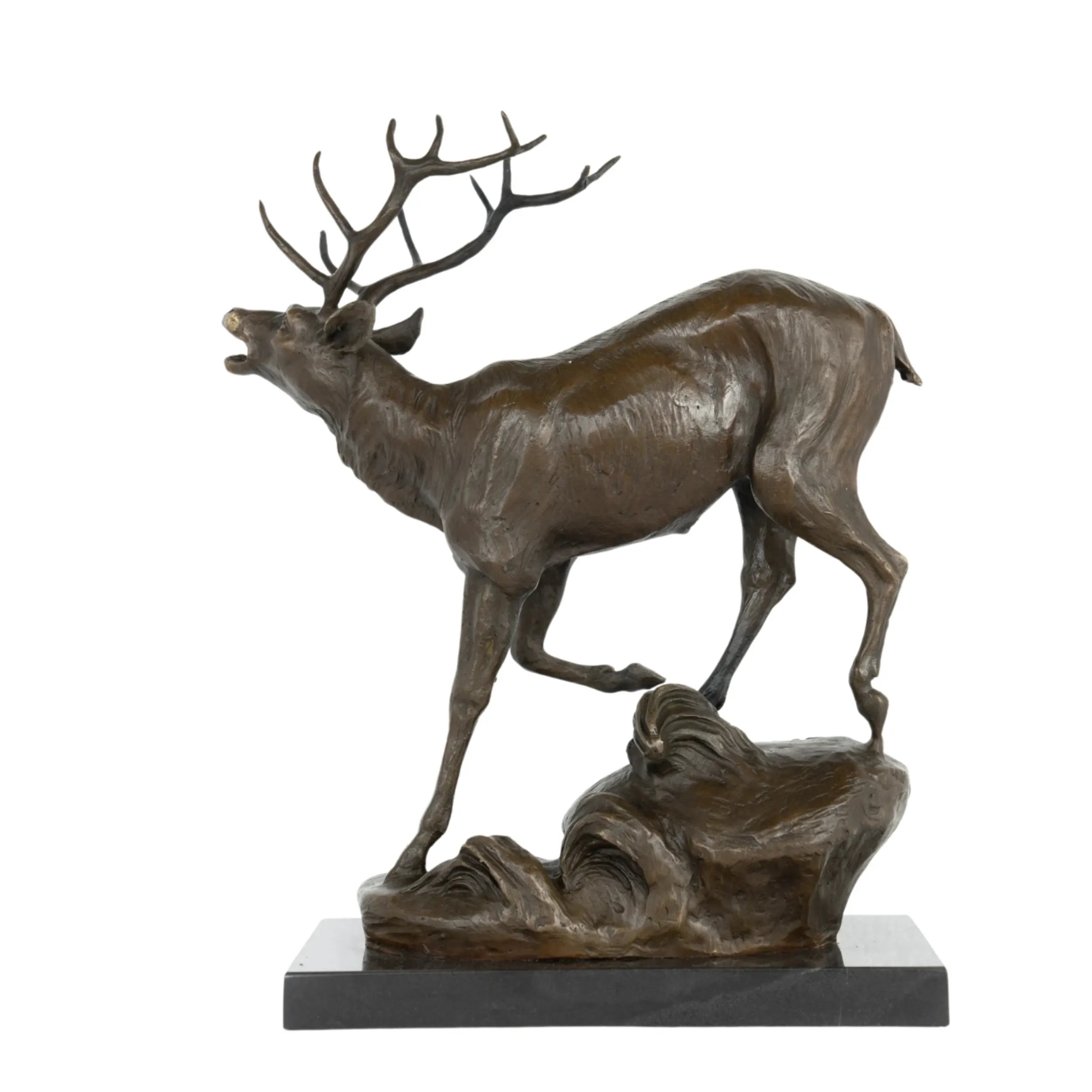Left side view of bronze bugling stag sculpture standing on a naturalistic rocky base