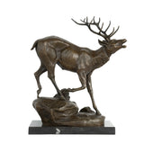 Right side view of majestic bronze stag statue with raised head and detailed antlers