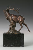 Left side view of bugling elk bronze statue with raised head