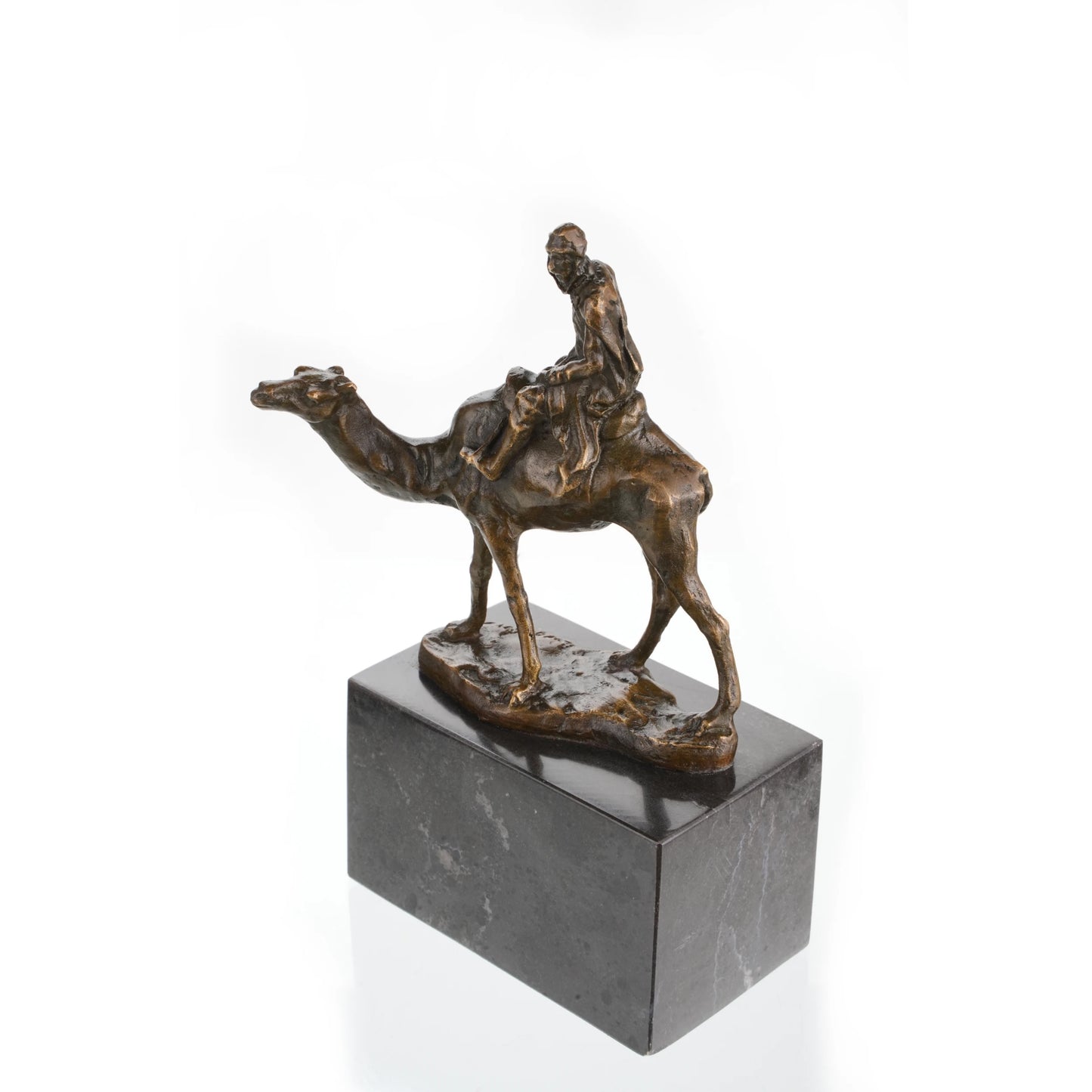 Solid bronze Bedouin desert traveler on camel sculpture, Orientalist art on dark marble base, rugged office decor for travelers.