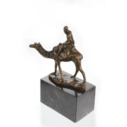 Solid bronze Bedouin desert traveler on camel sculpture, Orientalist art on dark marble base, rugged office decor for travelers.