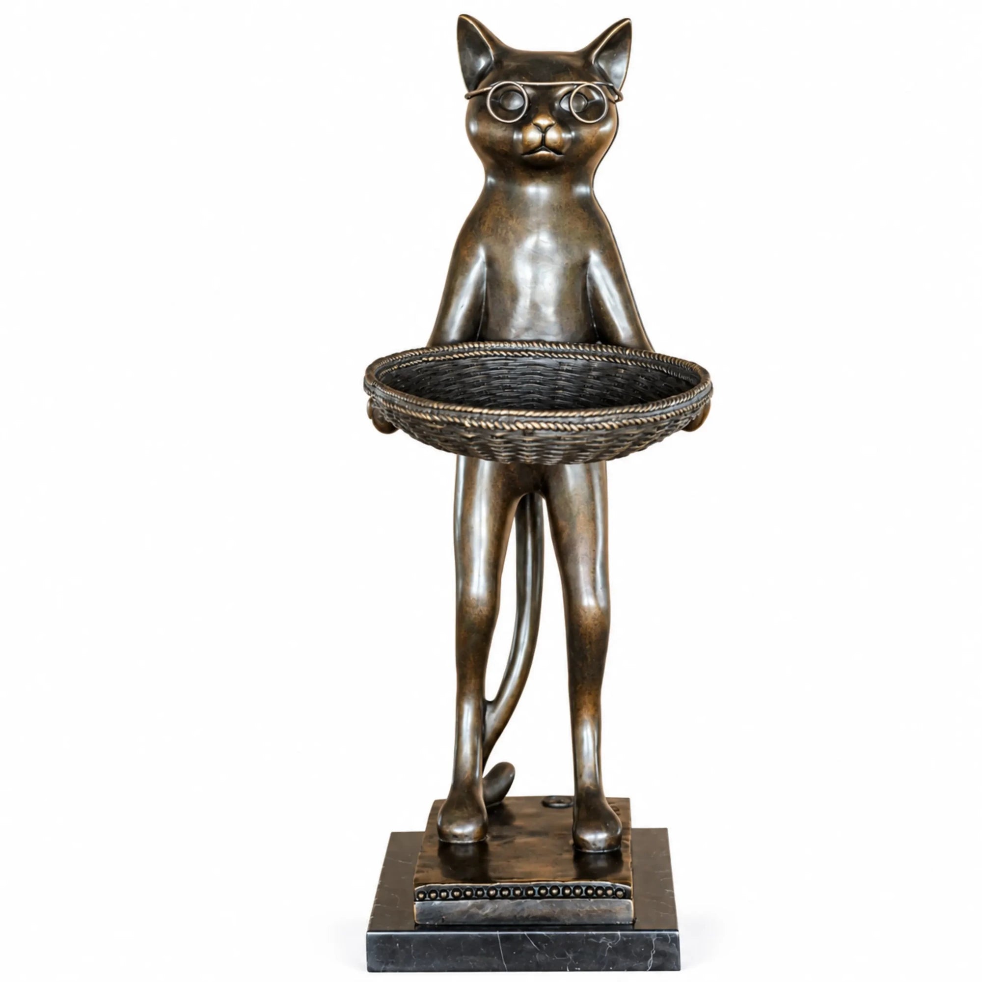 Front view of bronze cat butler sculpture wearing glasses and holding a decorative tray