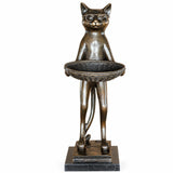 Front view of bronze cat butler sculpture wearing glasses and holding a decorative tray