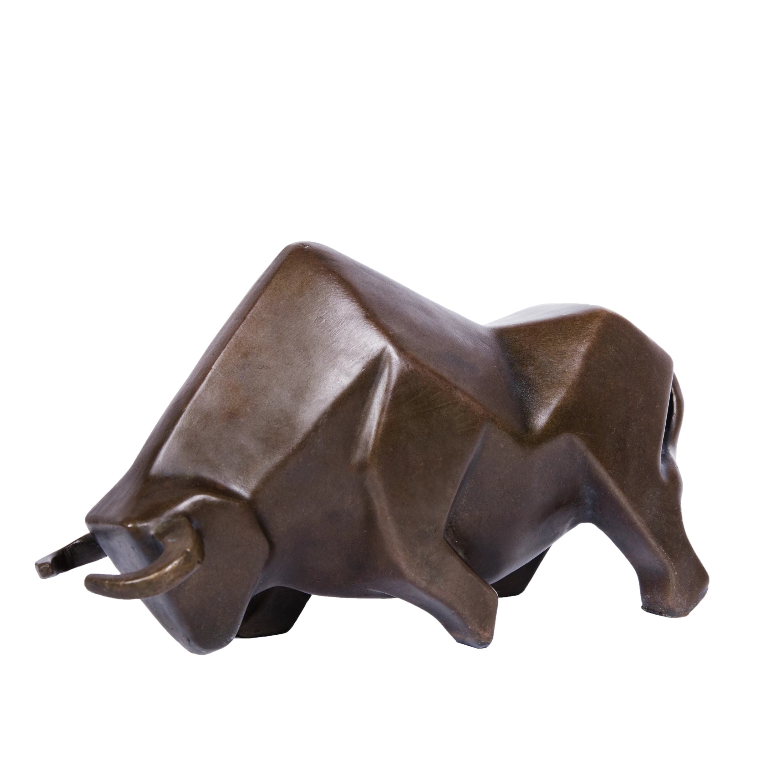 Cubist abstract bronze bull sculpture with geometric faceted planes, charging bull statue on black marble base, loss wax casting modern art.