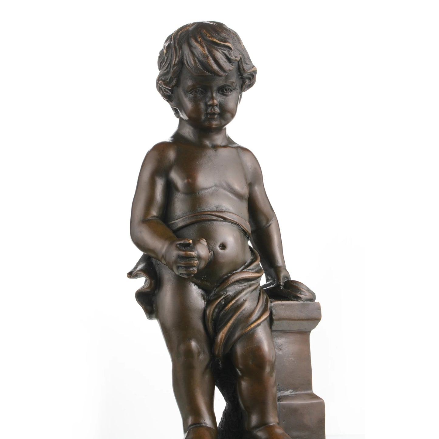 Close-up of putto holding fruit in bronze sculpture