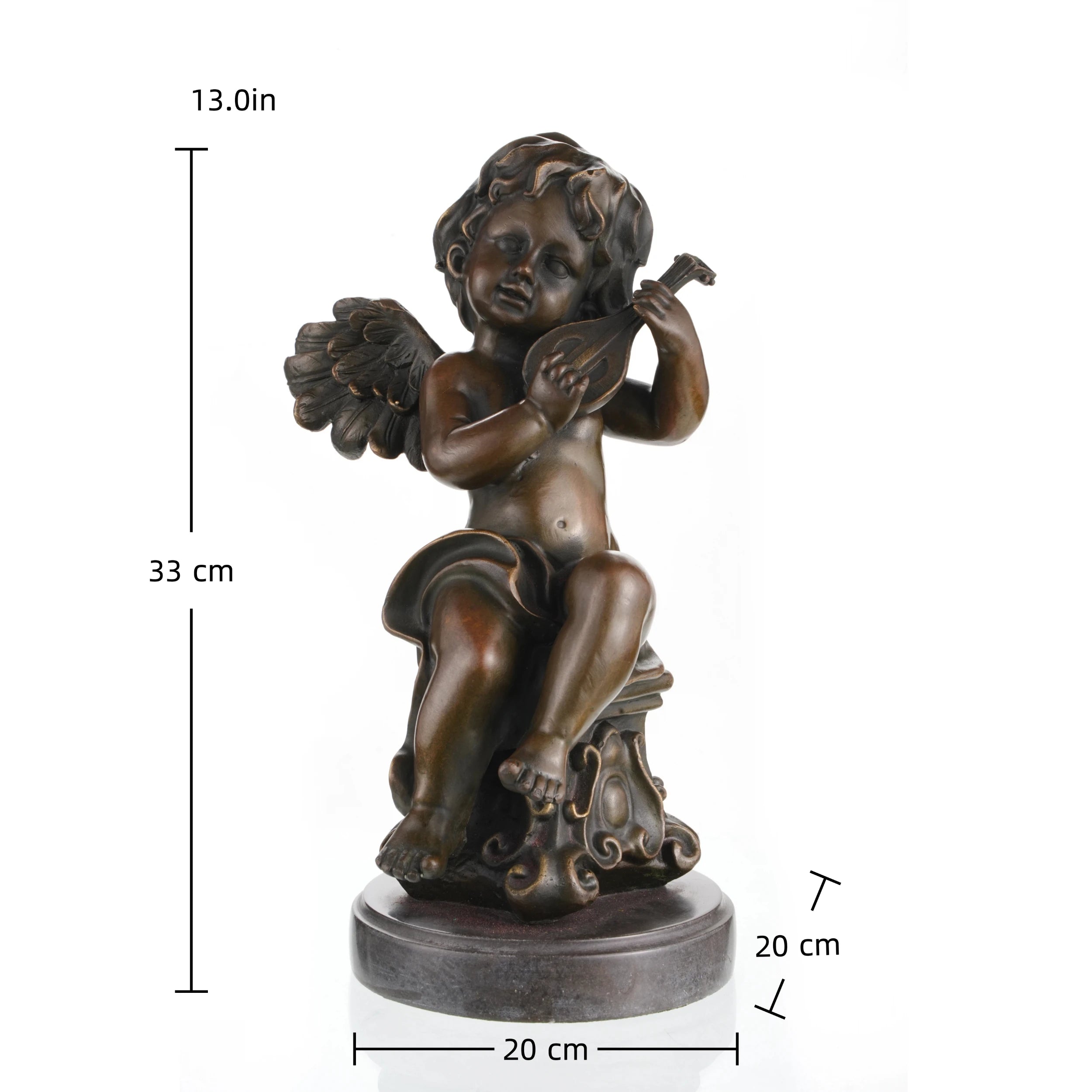 Charming bronze sculpture of a cherub playing mandolin, symbolizing music, innocence, and romance. A perfect decorative piece for homes and music lovers.