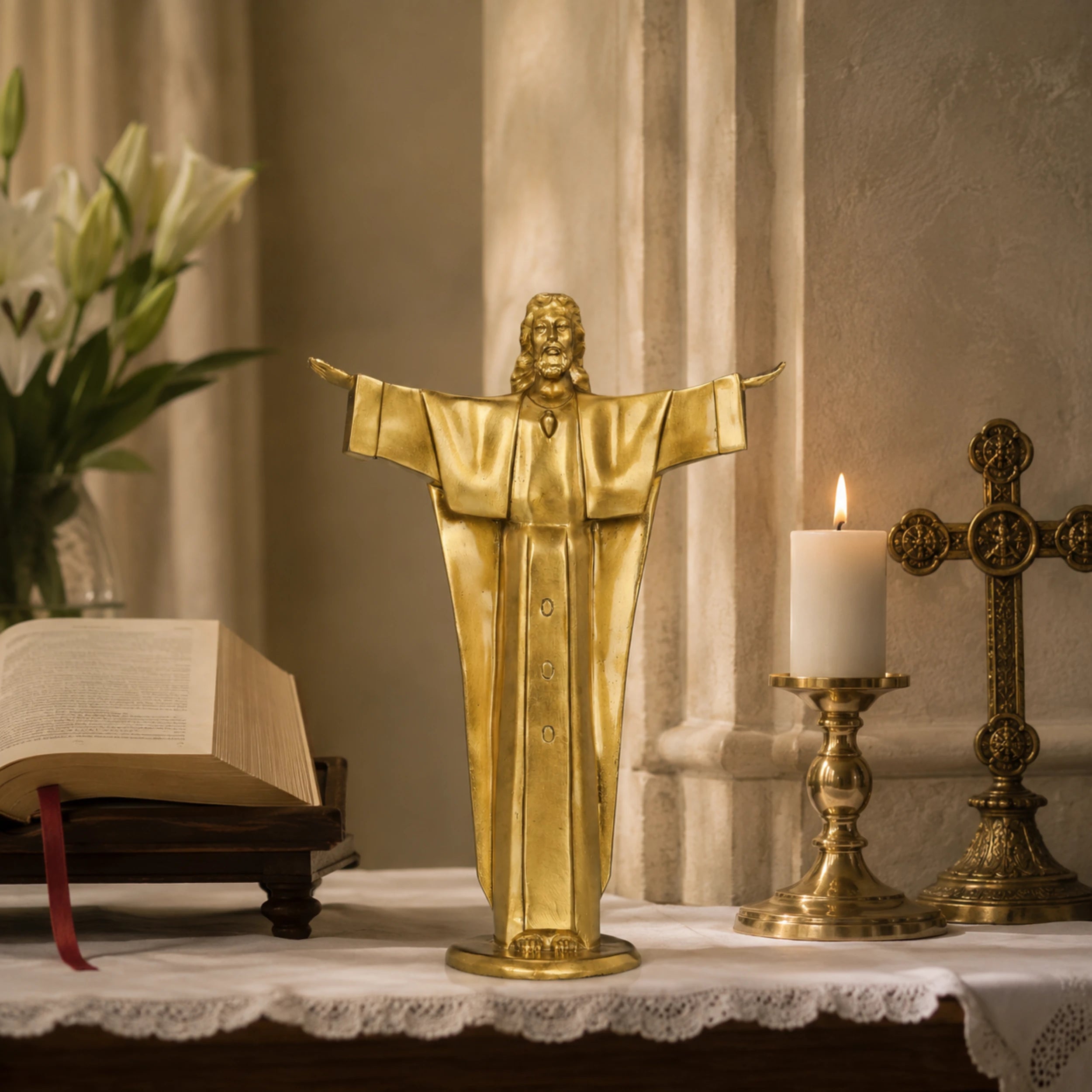Christ the Redeemer bronze statue displayed as meaningful church, prayer room, and home altar decor