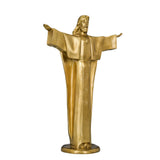 Angled view of Christ the Redeemer bronze Jesus sculpture with open arms and golden finish