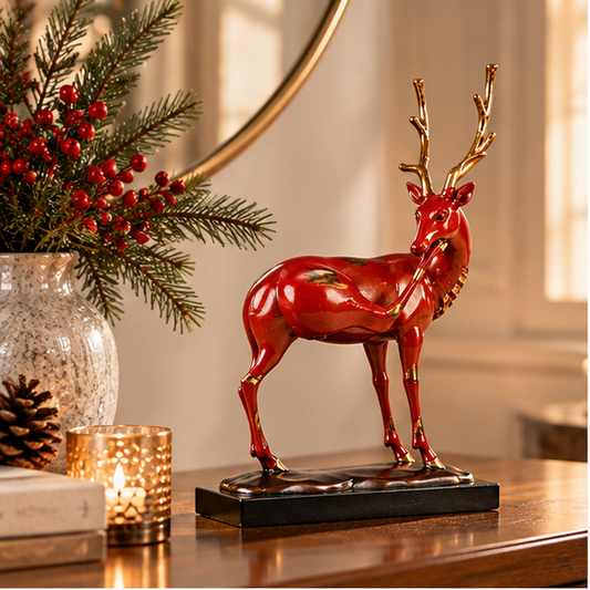 Red Bronze Reindeer Sculpture – Christmas Deer Statue with Golden Antlers for Holiday Decor