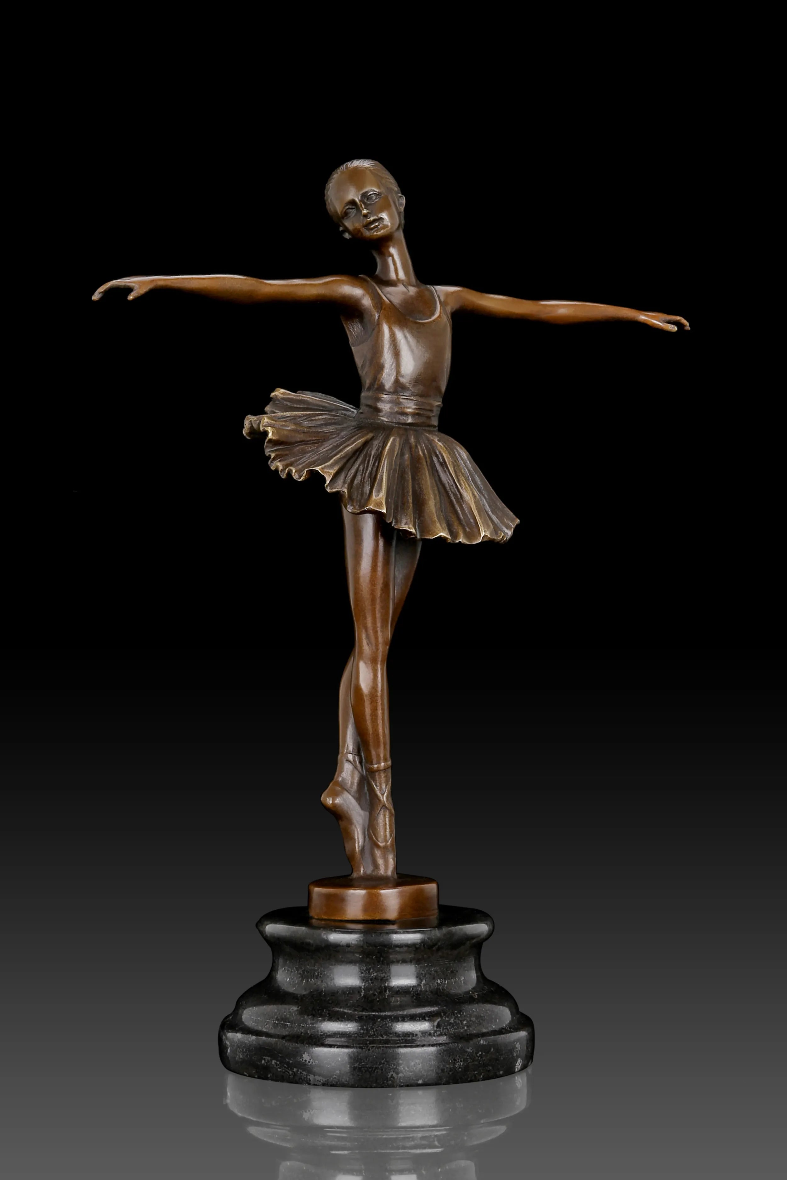 Left side view of handcrafted ballerina bronze sculpture in a classical ballet pose