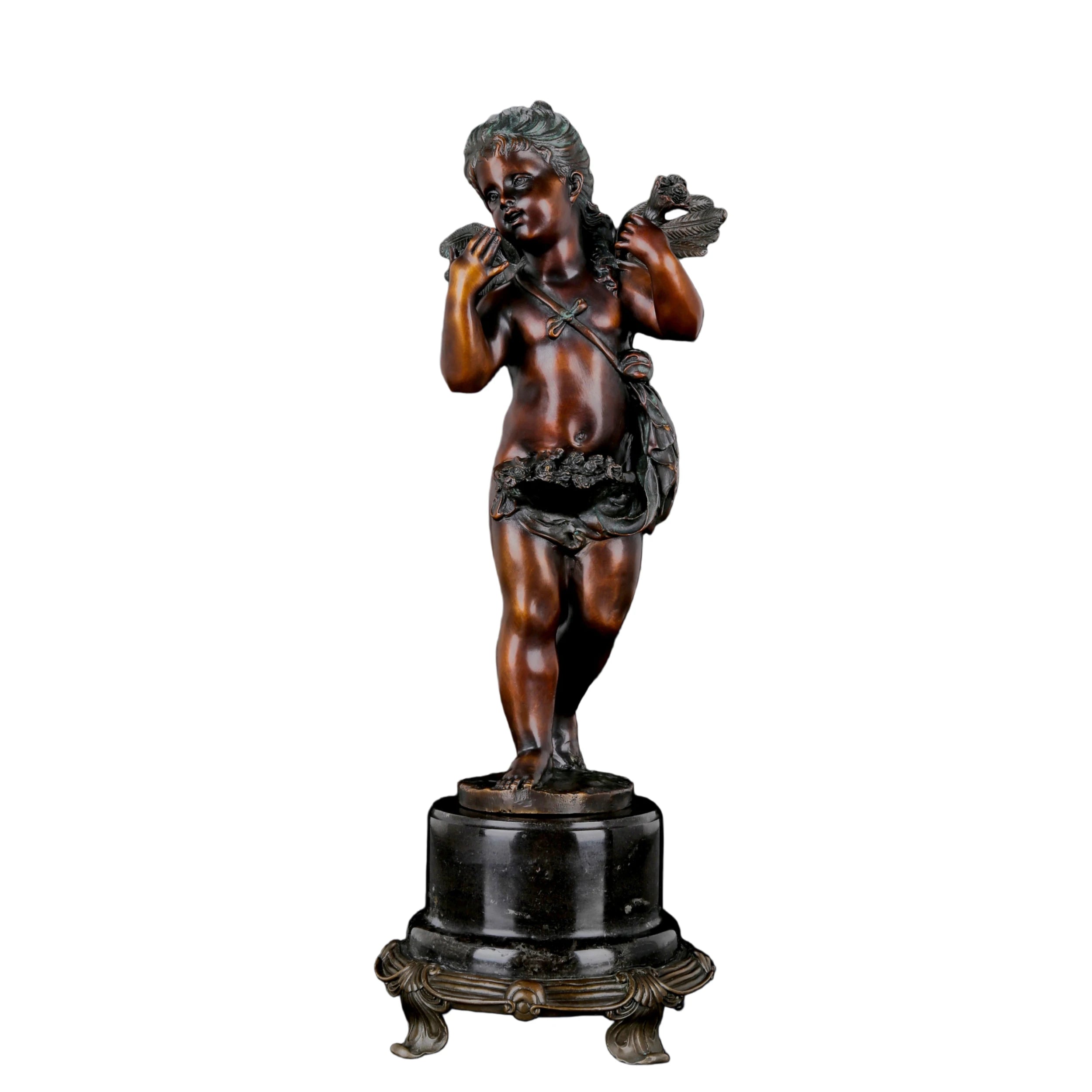 Handcrafted classical bronze Putto sculpture on an ornate black marble base