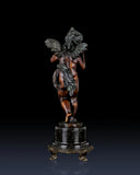 Rear view of classical bronze Putto sculpture highlighting hair, drapery, and figure details