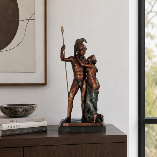 Classical Warrior Lovers Bronze Sculpture displayed in a styled interior