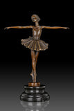 Front view of classical ballerina bronze sculpture with outstretched arms and pointe shoes