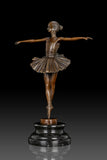 Front view of classical ballerina bronze sculpture with outstretched arms and pointe shoes