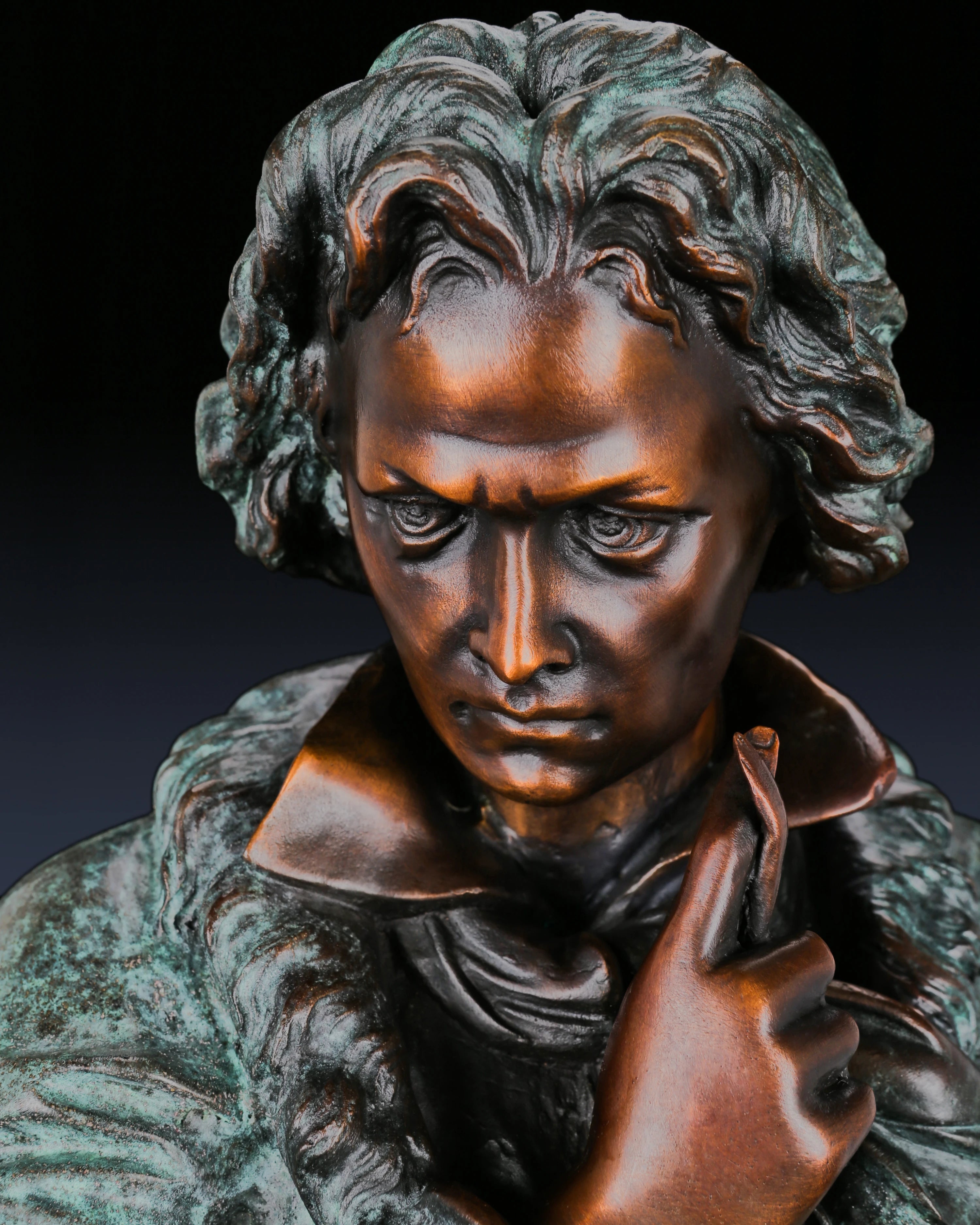 Full-length Beethoven bronze statue with verdigris patina. Handcrafted sculpture with marble base—perfect for collectors, musicians, and luxury statement interiors.