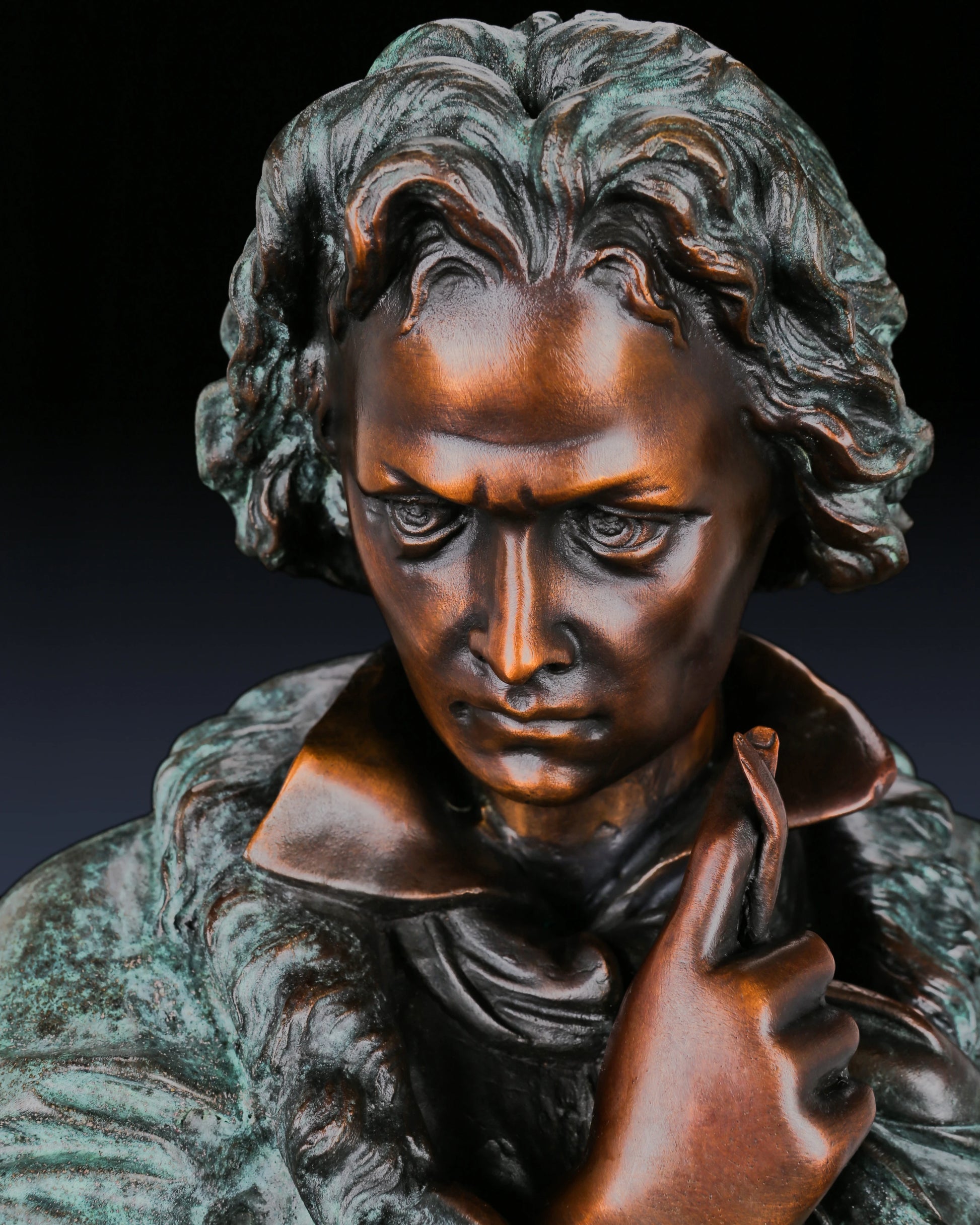 Full-length Beethoven bronze statue with verdigris patina. Handcrafted sculpture with marble base—perfect for collectors, musicians, and luxury statement interiors.