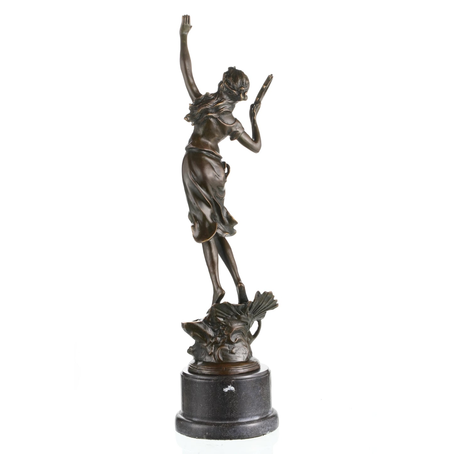 Solid bronze dancing muse sculpture with tambourine on black marble base, dynamic classical female dancer art for luxury home decor.