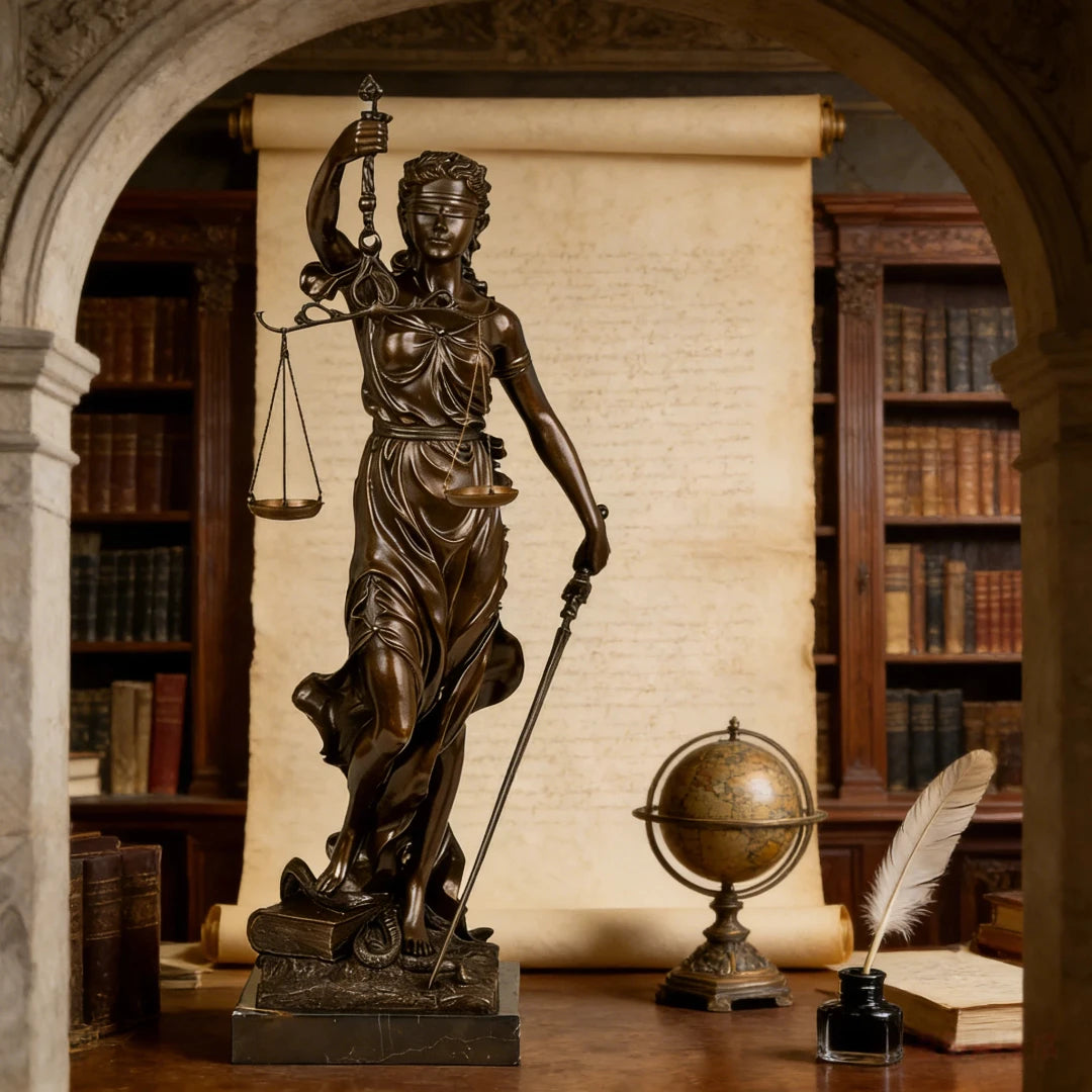 Bronze Lady Justice statue with scales and sword displayed in a refined legal library