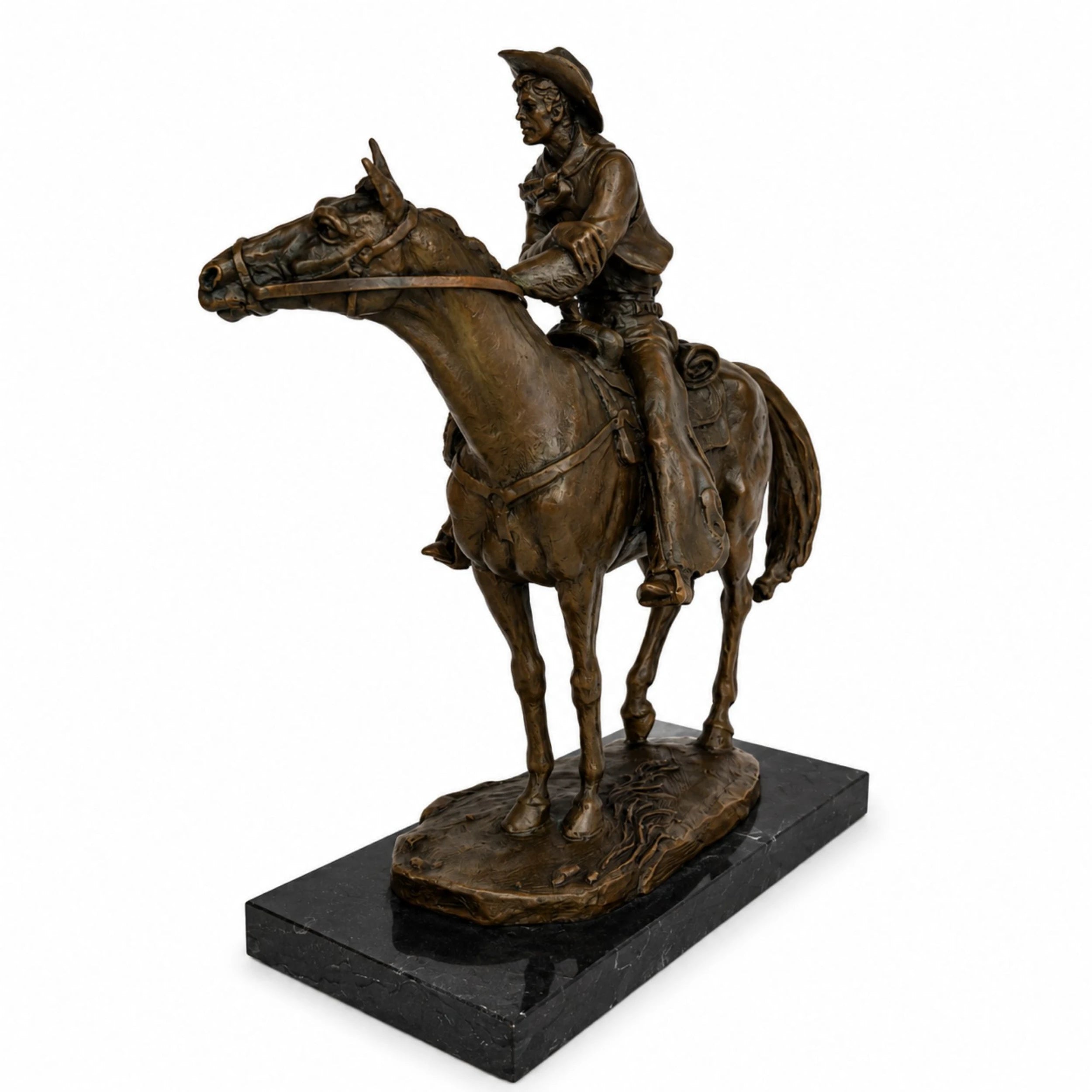 Cowboy on Horse Bronze Sculpture hand-applied patina detail