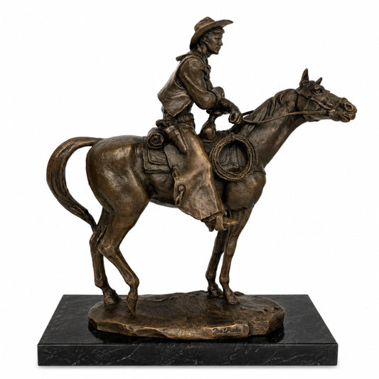 Cowboy on Horse Bronze Sculpture on a clean white background