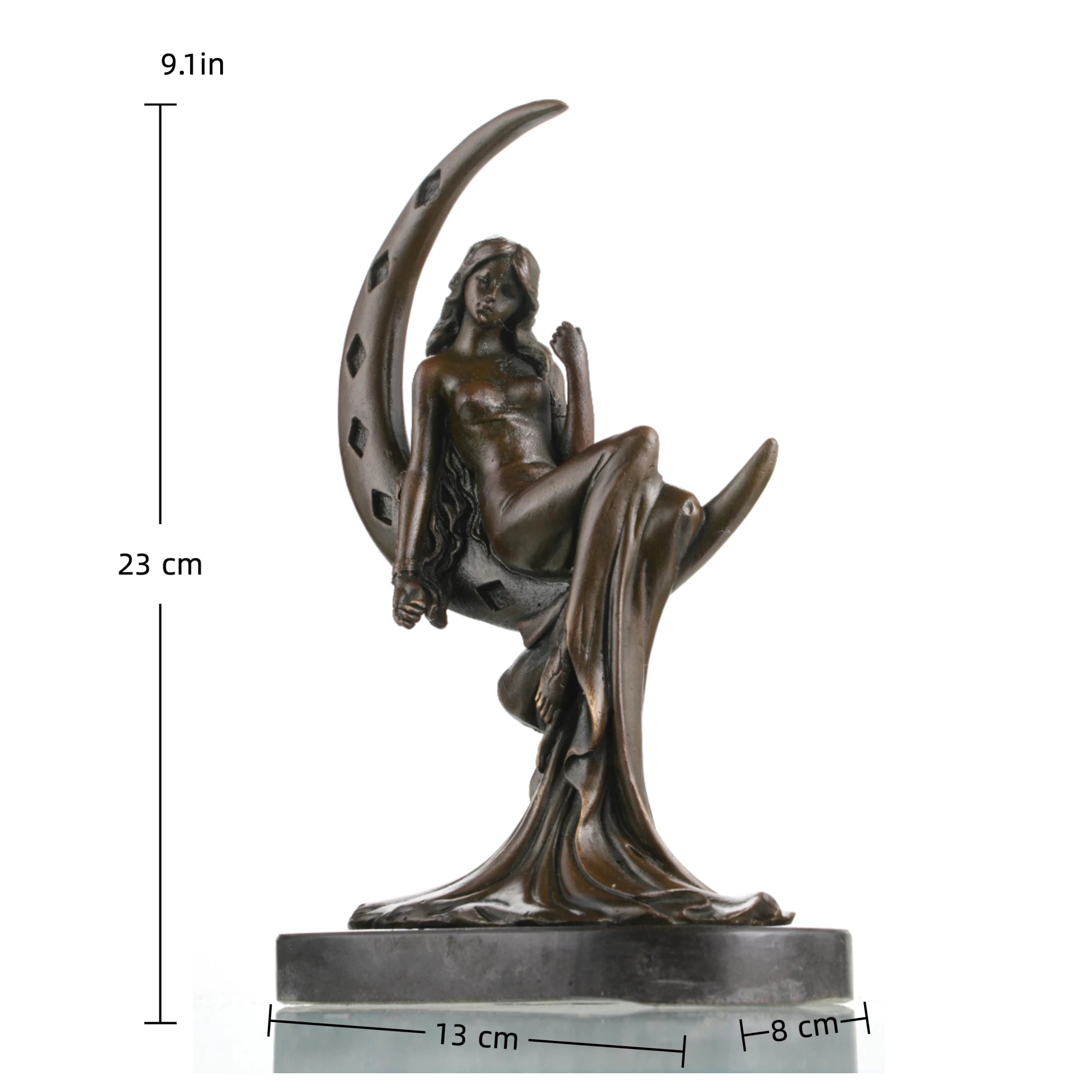 Moon goddess bronze sculpture sitting on crescent moon base