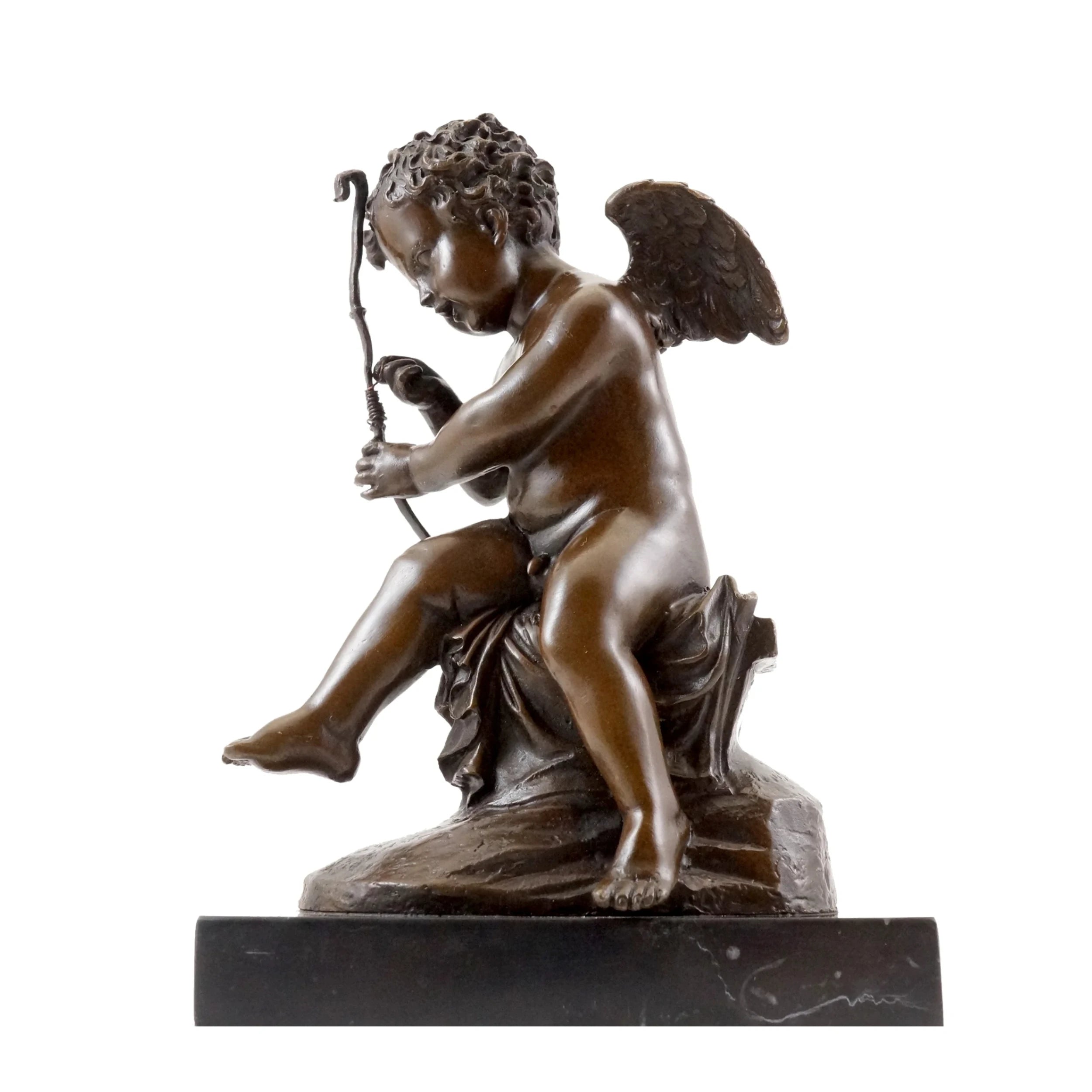 Angled view of Cupid repairing his bow bronze sculpture with classical mythological details