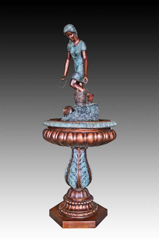 Handcrafted bronze water carrier girl fountain featuring a charming young figure with a bucket and decorative basin. Ideal for gardens, courtyards, villas, patios, and luxury landscape projects worldwide.
