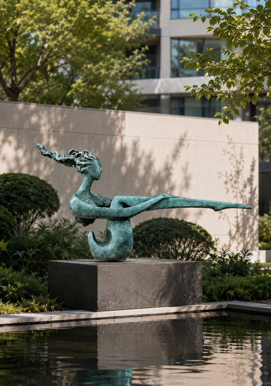 Custom modern abstract bronze sculpture installed in an outdoor garden setting