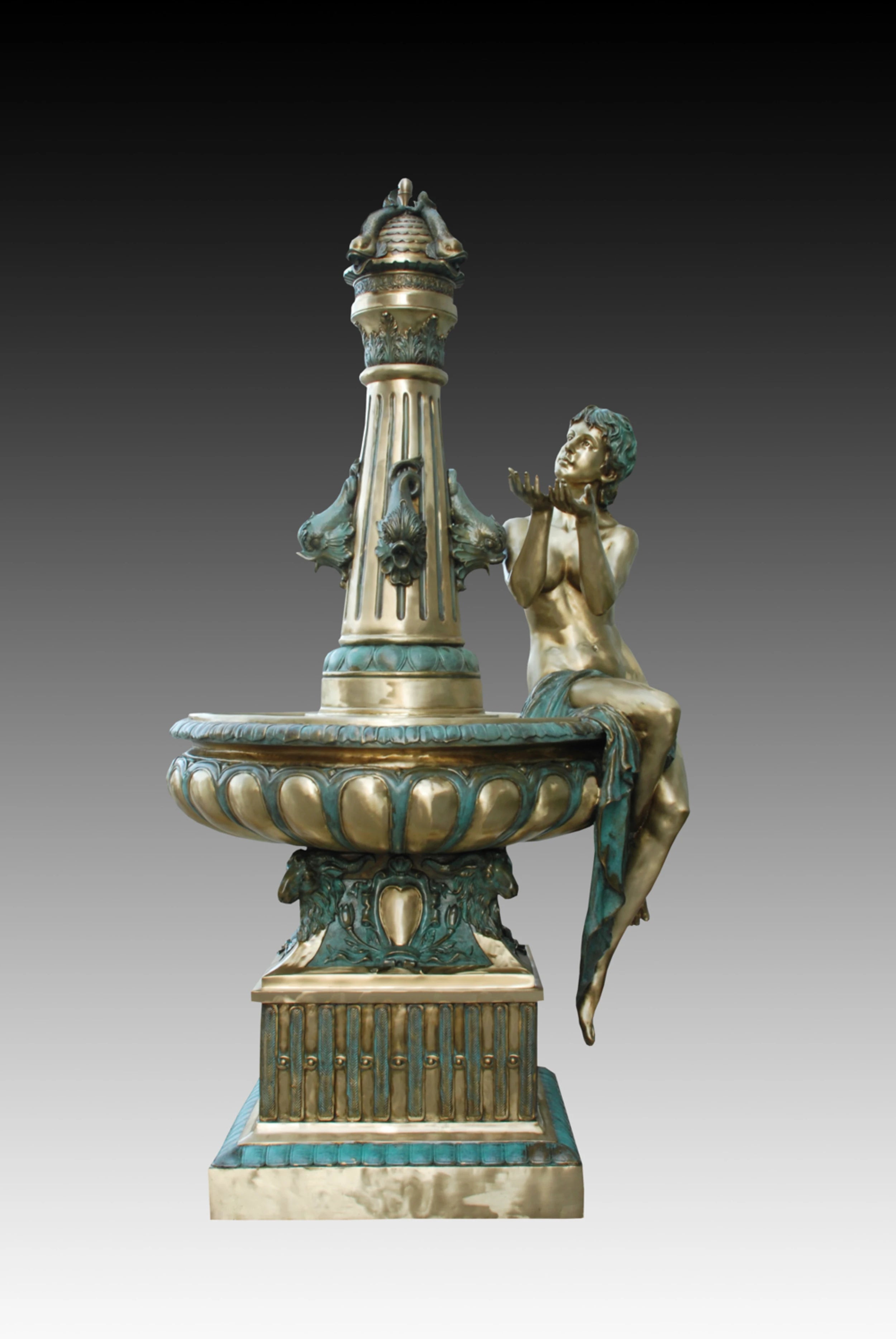 Handcrafted bronze seated drinking maiden fountain featuring an elegant classical female figure and decorative fountain basin. Ideal for luxury gardens, villas, courtyards, hotels, and landscape projects worldwide.