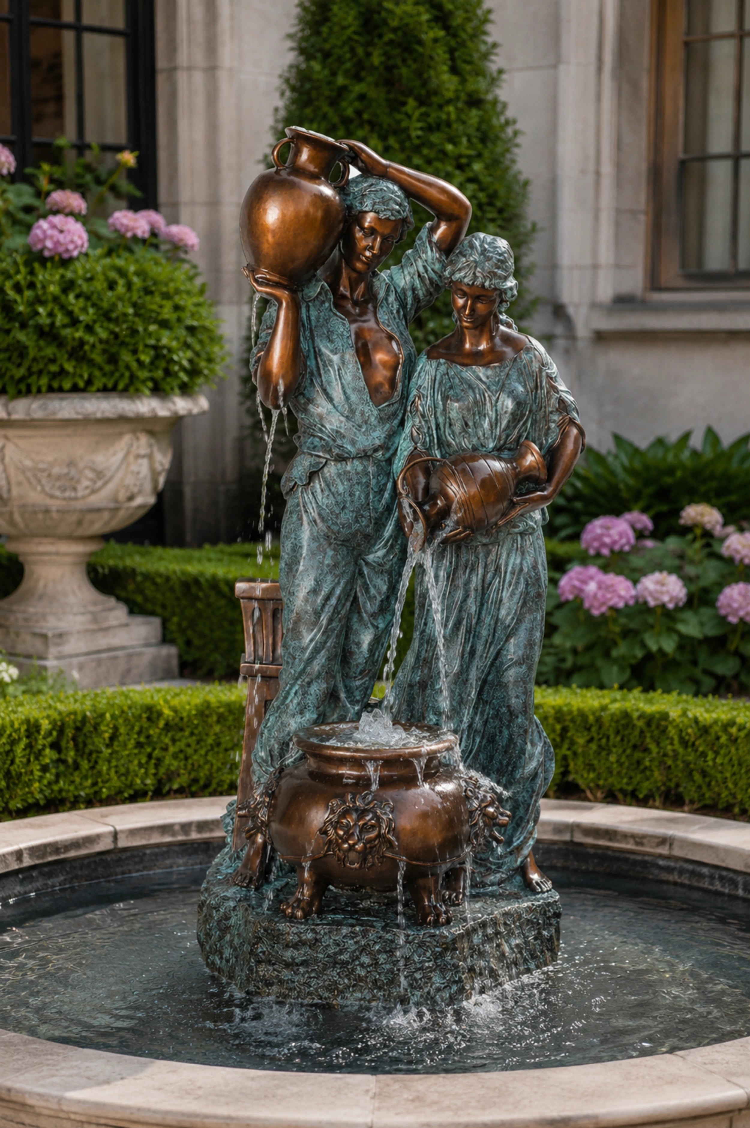 Handcrafted bronze couple garden fountain featuring elegant classical figures. Ideal for luxury gardens, villas, hotels, courtyards, and custom landscape projects.