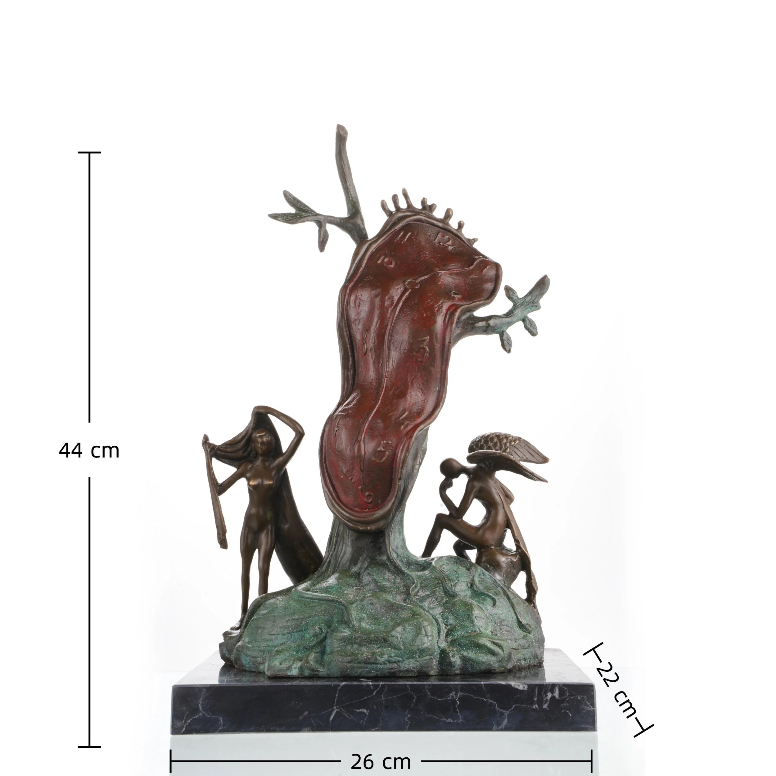 Dalí-inspired melting clock bronze sculpture with surreal figures and tree form. A striking statement piece exploring time, perception, and dreamlike reality.