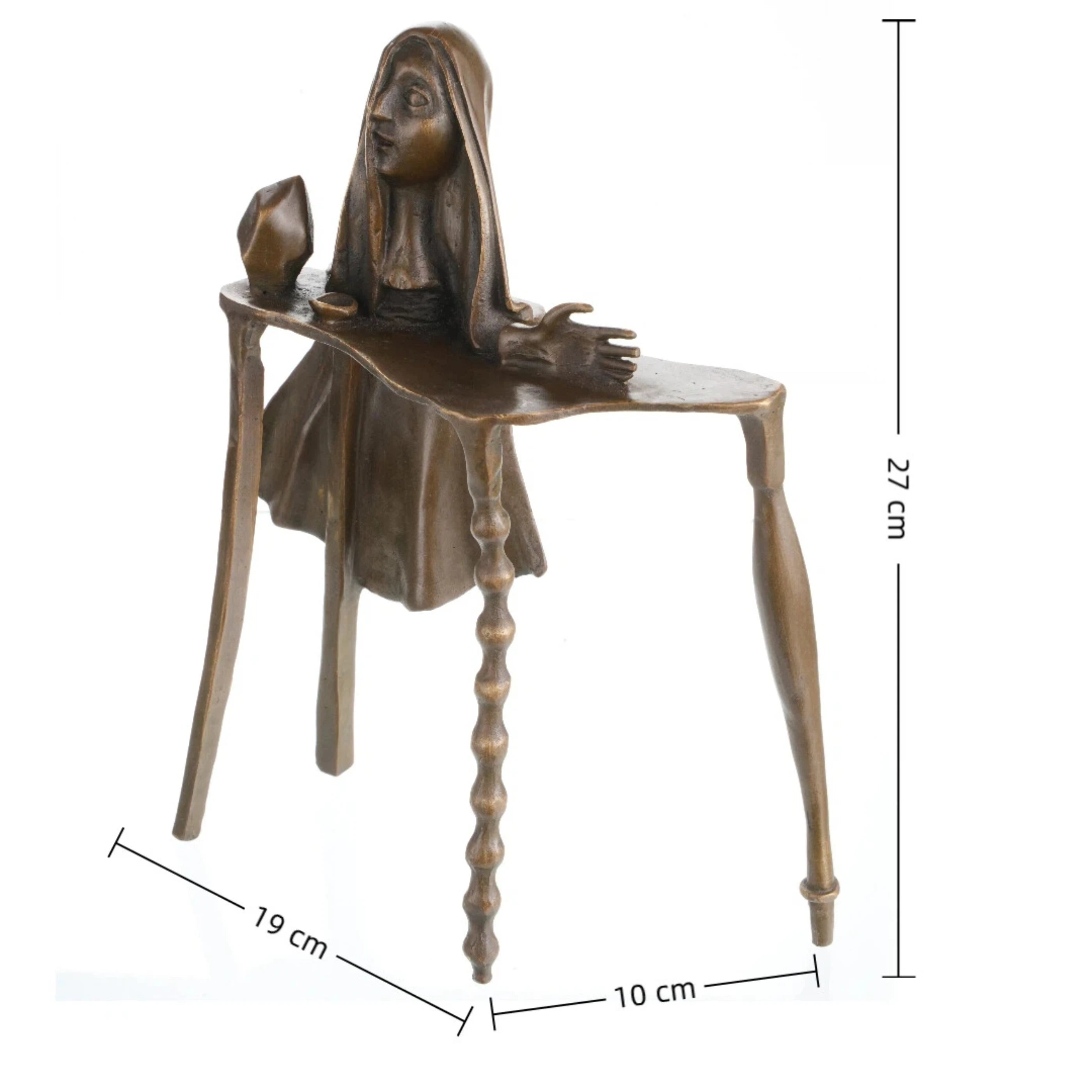 Dalí-inspired surrealist bronze sculpture of a female figure emerging from a distorted table. A bold conceptual artwork exploring identity and perception.