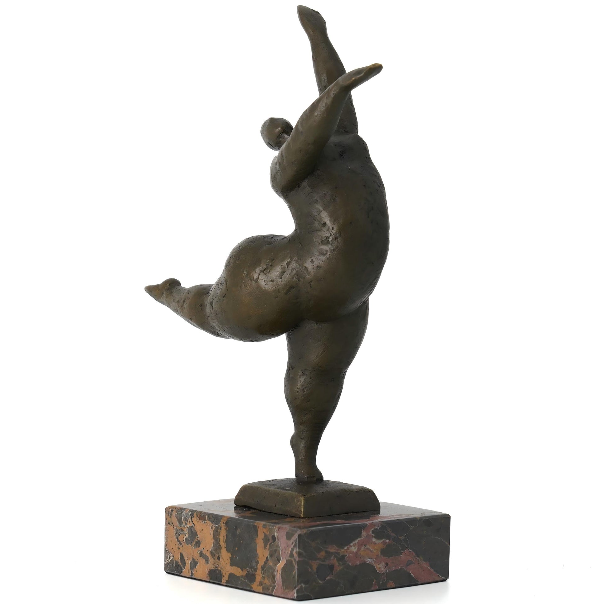 This abstract bronze sculpture portrays a plump dancer in a dynamic, expressive posture. The flowing lines and simplified form emphasize movement and rhythm rather than realistic detail, highlighting the dancer’s confident stretch and free-spirited vitality. 
