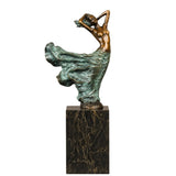 Dancing female bronze sculpture with flowing green patina dress, front view