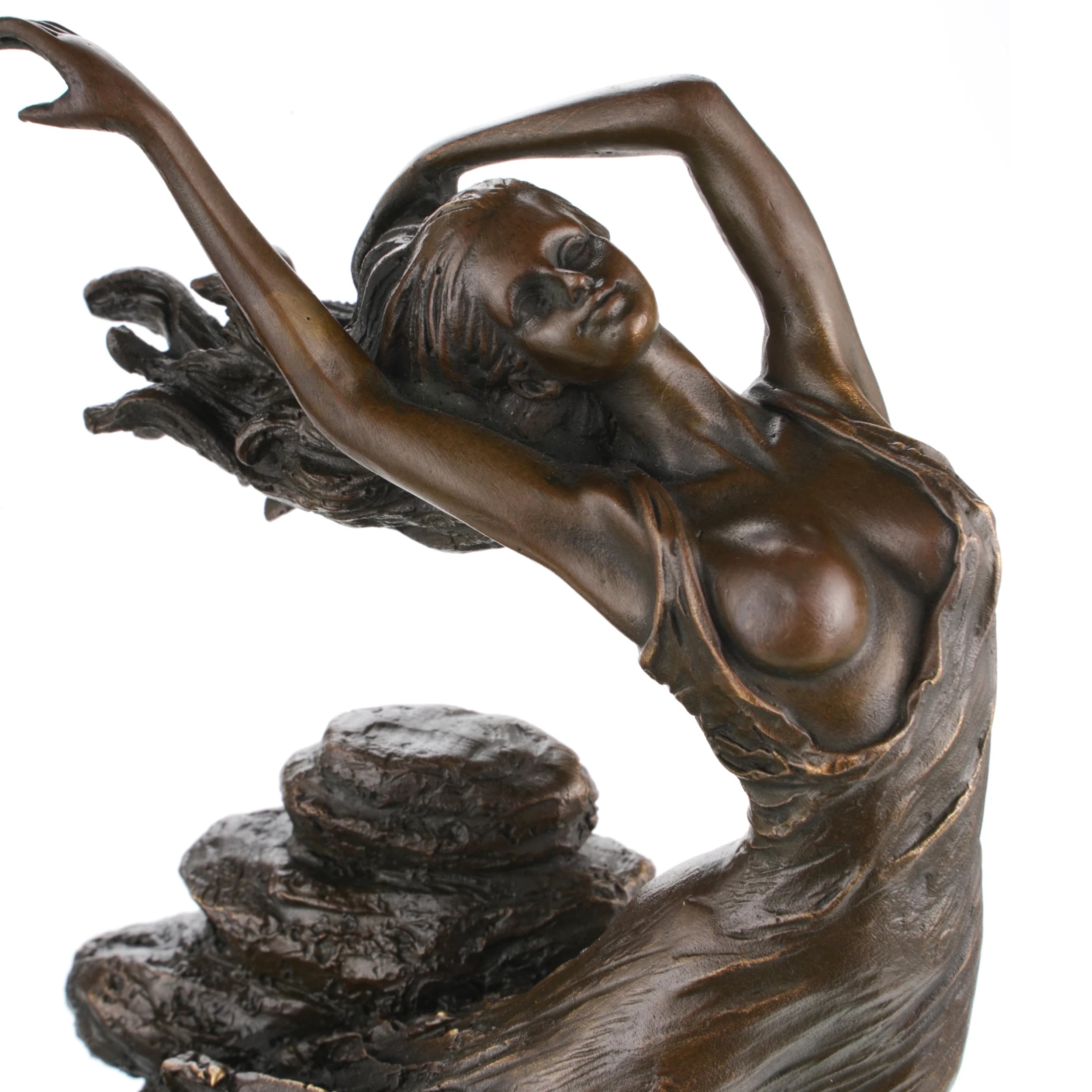 Close-up detail of dancing maiden bronze sculpture with hand-applied antique patina