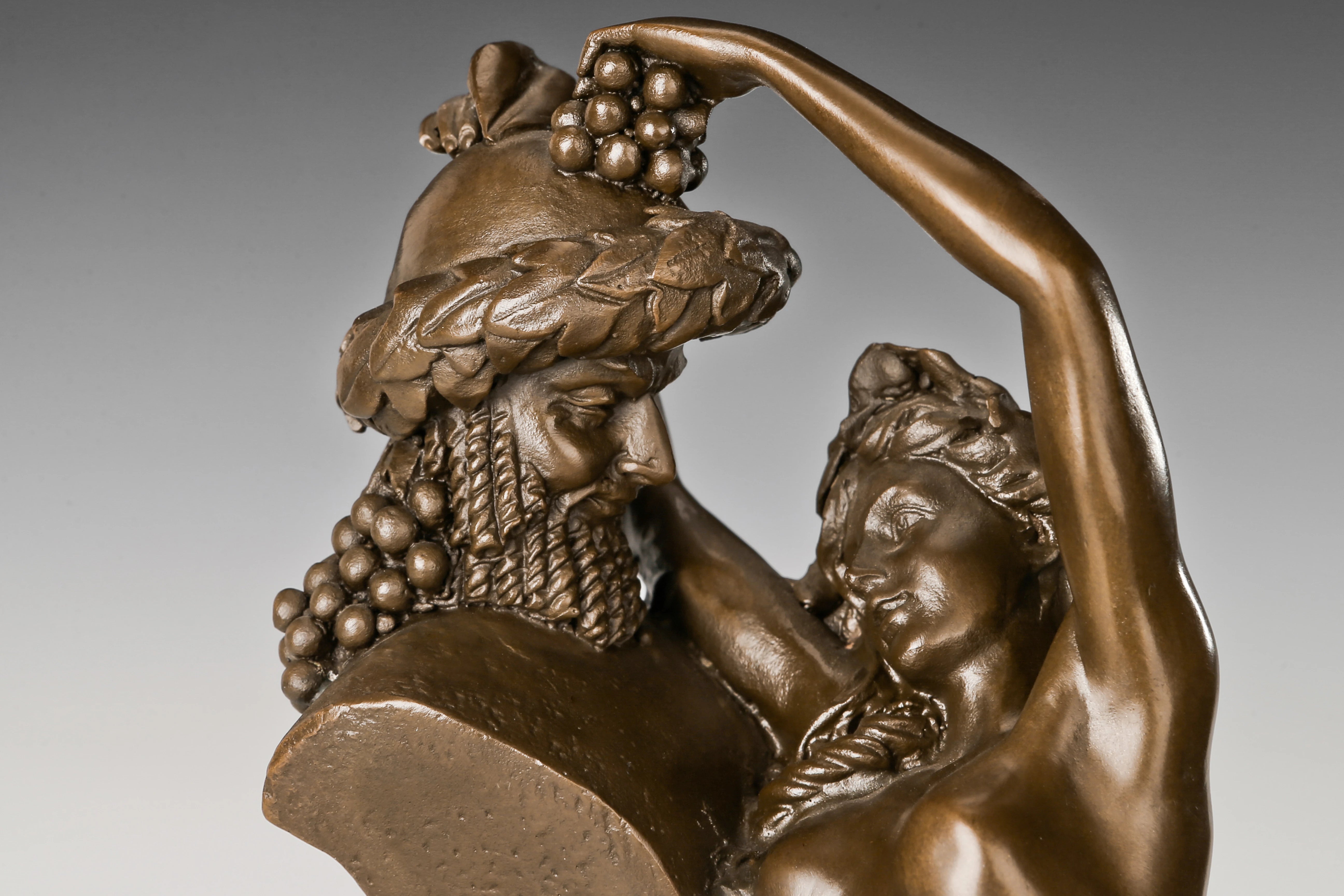 Dancing Women with Grapes Bronze Sculpture hand-applied patina detail