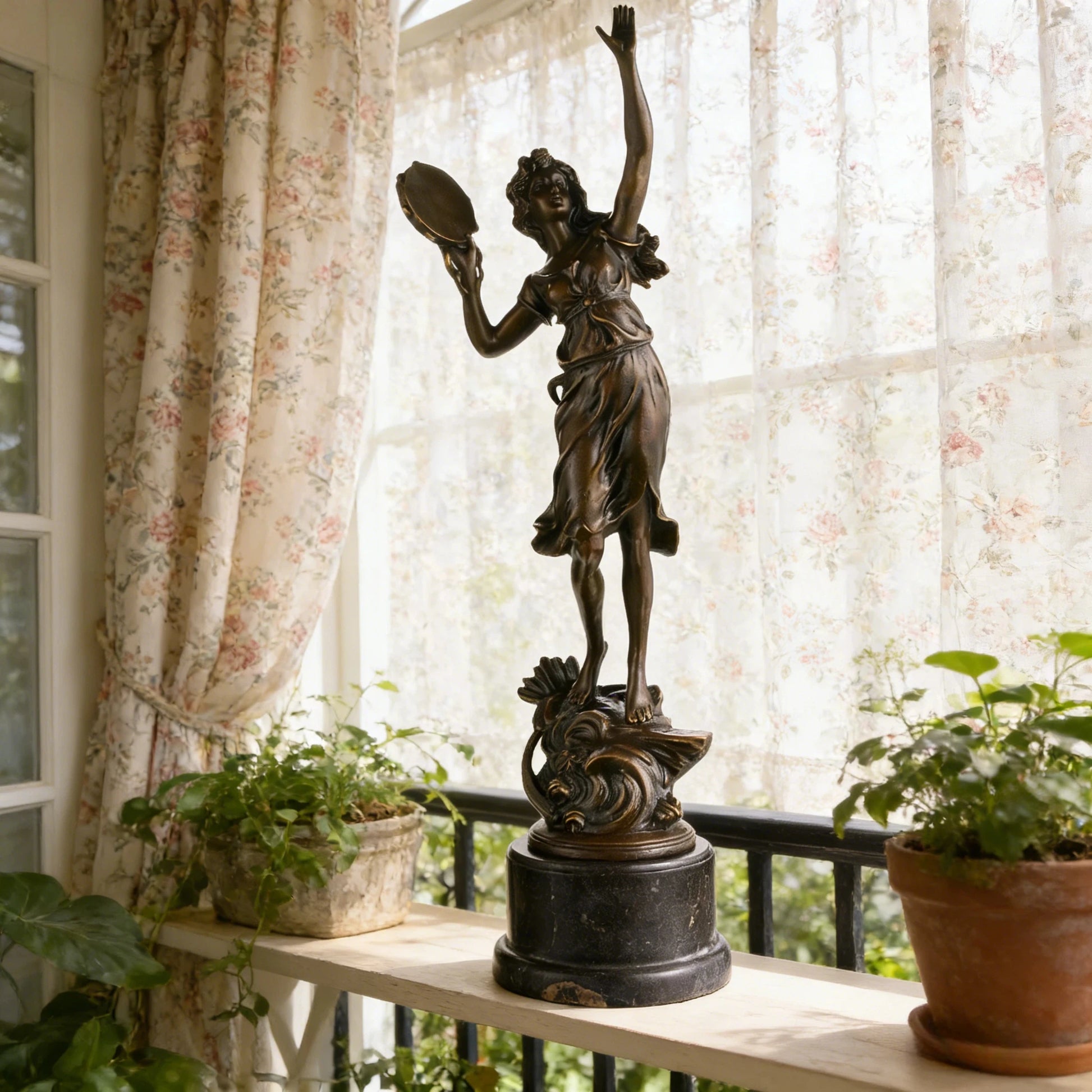 Dancing muse bronze sculpture female dancer with tambourine classical statue