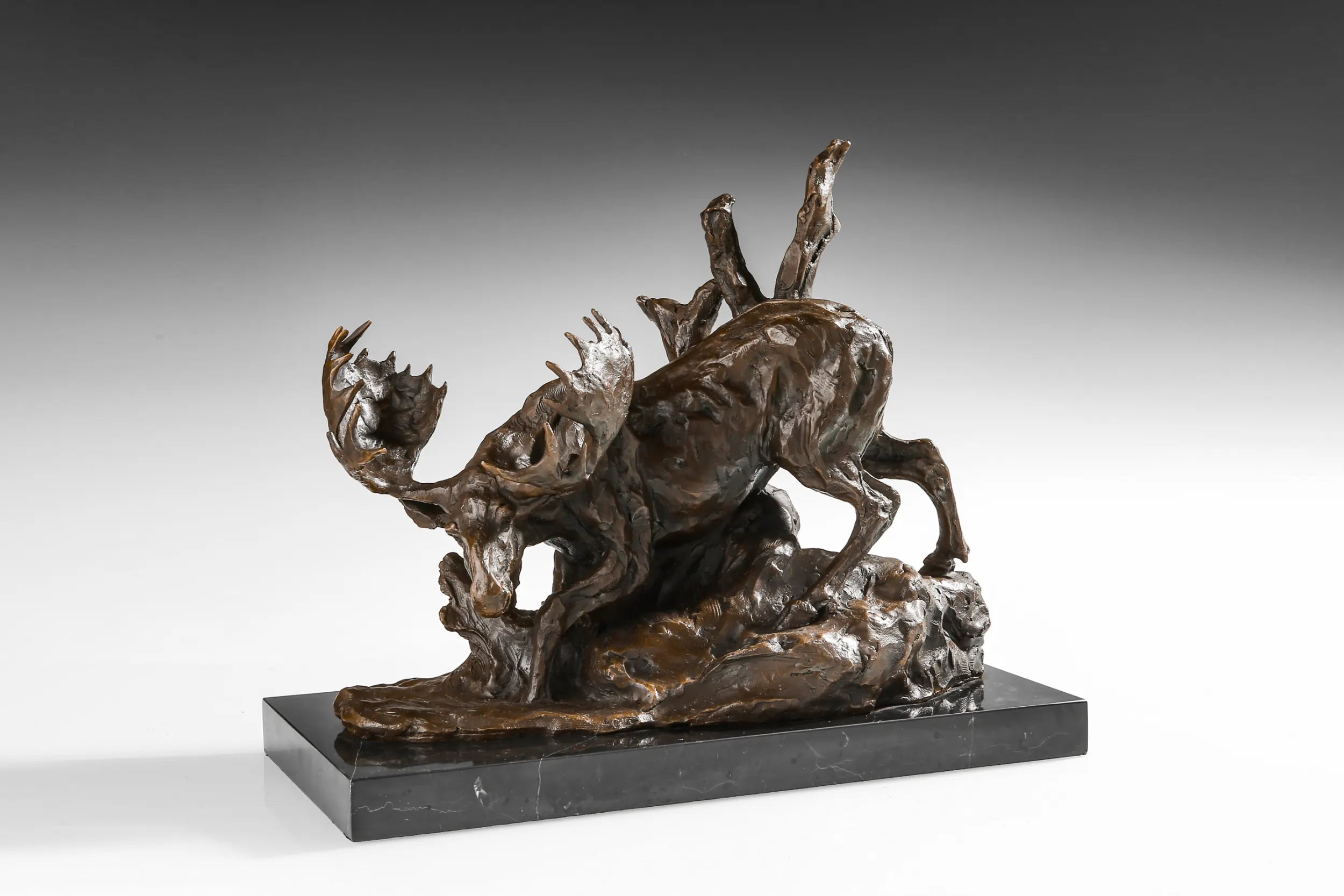 Descending Moose bronze sculpture alternate angle