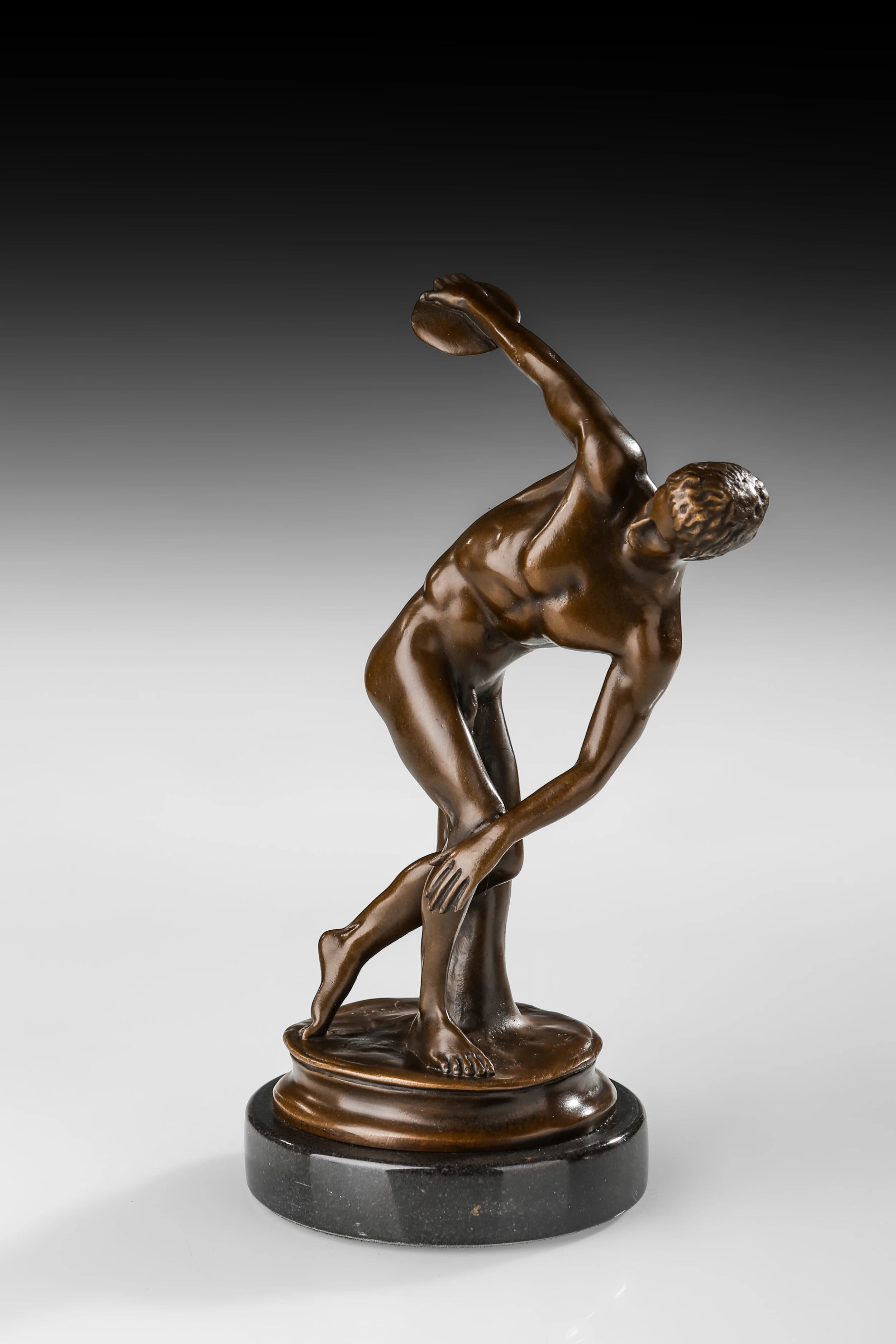 Discus Thrower Bronze Sculpture three-quarter view