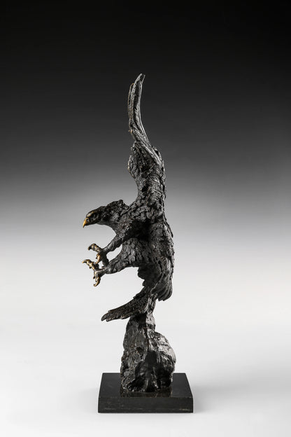 Dynamic bald eagle bronze sculpture in a powerful diving pose with marble base. A striking wildlife statue symbolizing strength, freedom, and leadership.