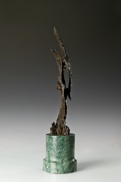 Two eagles soaring bronze sculpture with detailed feathers and marble base. Elegant wildlife statue for home decor, office, or collectors.