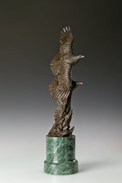 Solid bronze twin eagles soaring statue on green marble base, luxury office desk decor for executives.