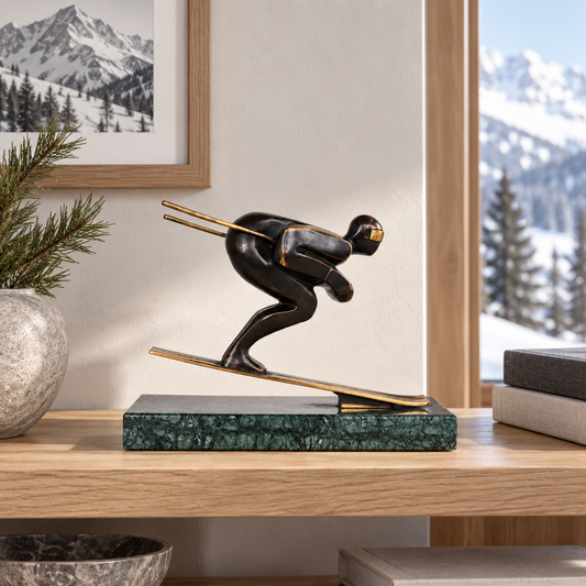 Abstract bronze skier statue displayed as modern ski lodge, winter sports, and office decor