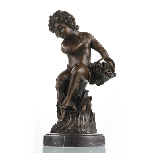 Exquisite bronze putto sculpture dreaming or sleeping, curly-haired cherub statue with flowers on round black marble base, loss wax casting classical fine art.