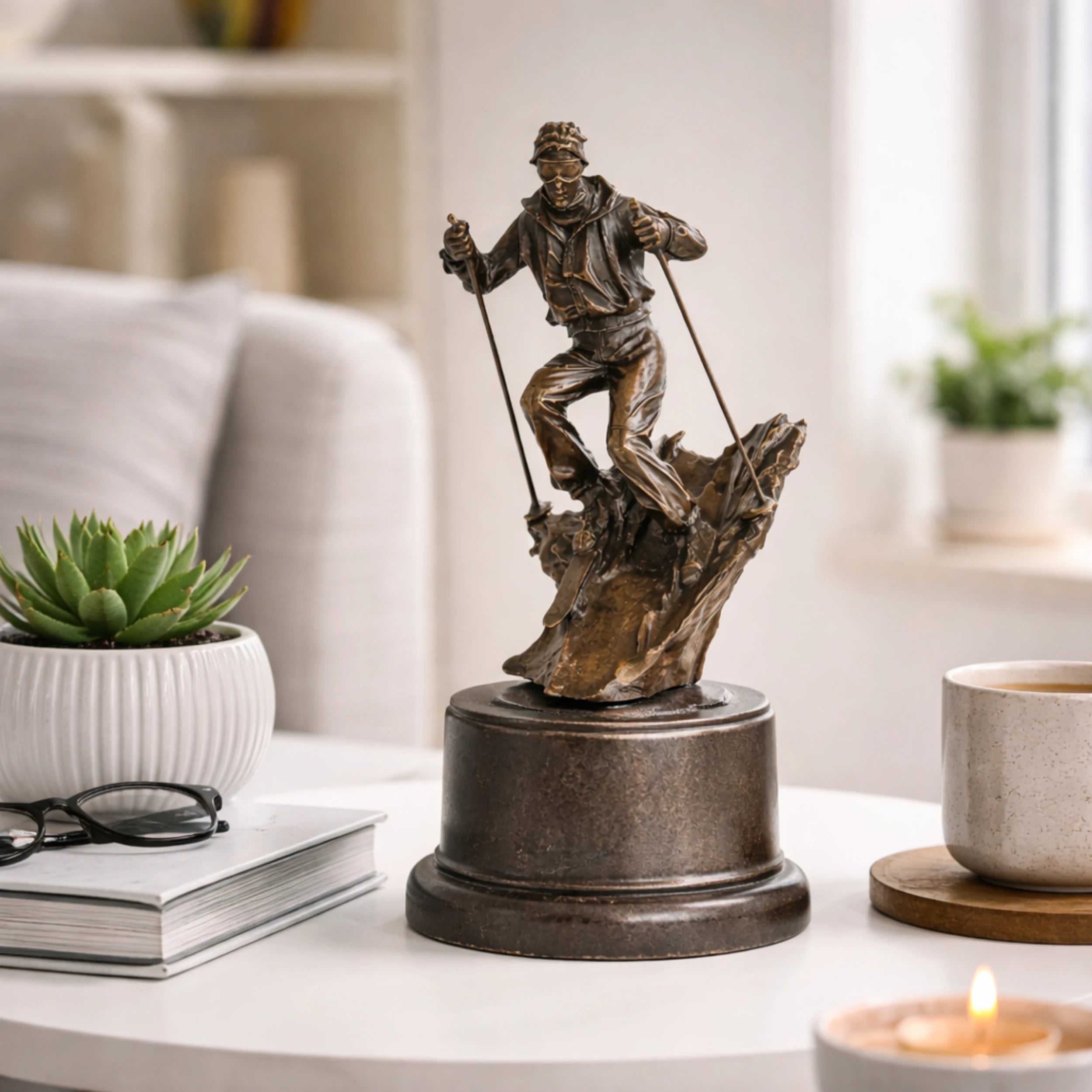 This is a dynamic bronze sculpture of a skier, crafted using the lost-wax casting method. The piece captures the athlete mid-action, navigating a rugged, snow-like terrain with ski poles firmly in hand and legs bent in a powerful stance. The rich, warm bronze patina accentuates the fluid folds of the skier’s jacket and pants, as well as the textured, naturalistic base that simulates a snow-covered slope.