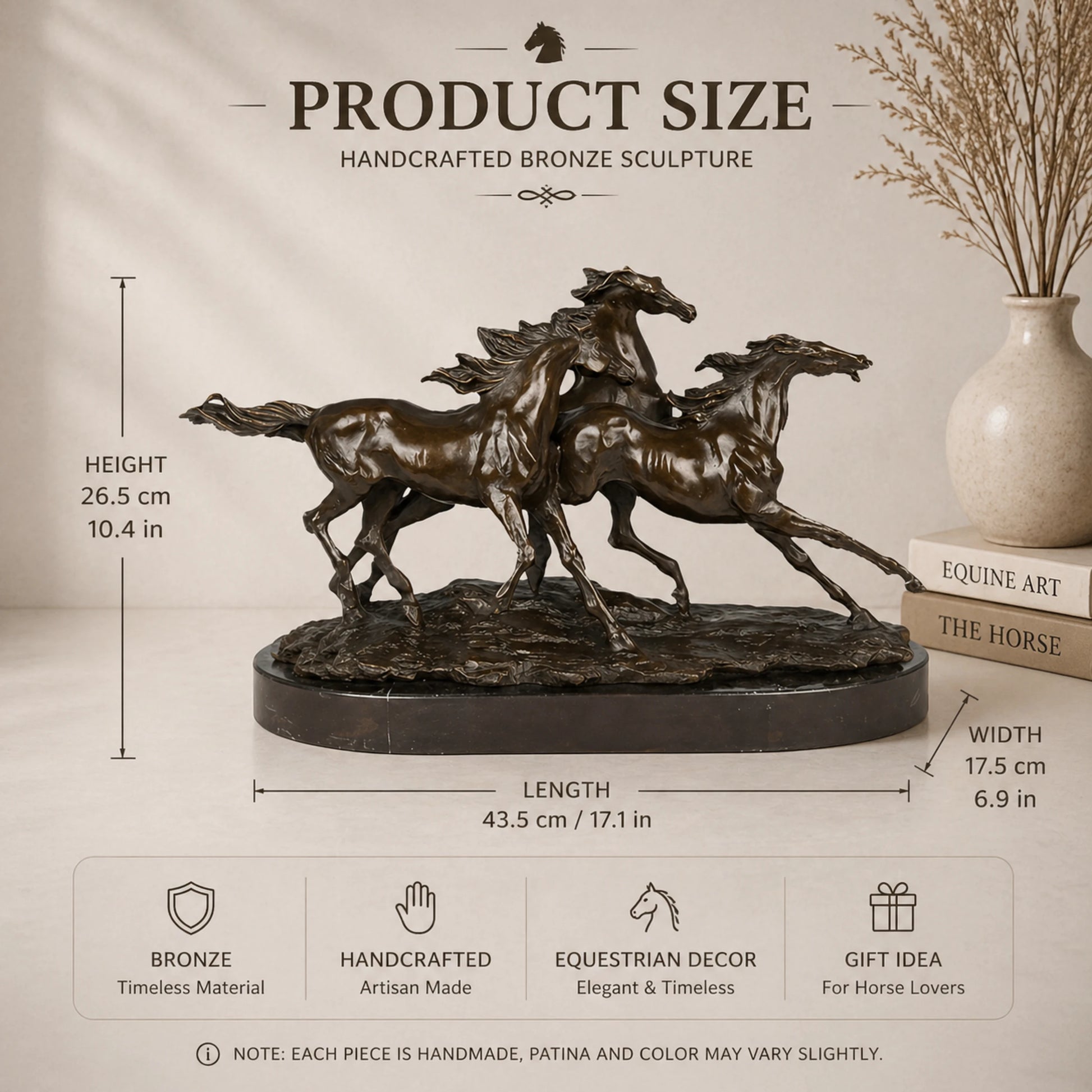 Dynamic bronze statue of three wild horses galloping as a herd, realistic running horse scene on oval black marble base, loss wax casting fine art.